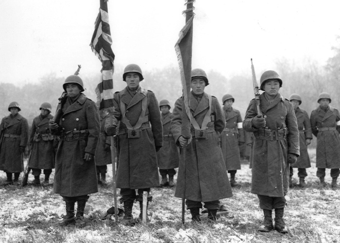 442nd Regimental Combat Team in formation after their famous battle to rescue the“Lost Battalion”(1944). Over 50% of their men were killed or wounded, proving their loyalty beyond all doubt.