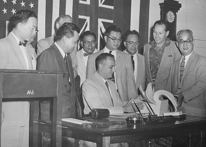 Many Nisei were elected to the Hawaii Territorial Legislature after the War and worked for statehood for Hawaii (ca. late 1950s).